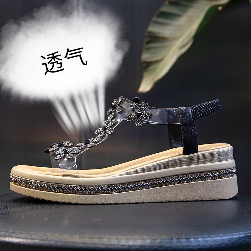 Summer Women Sandals Pvc Crystal Flower Decoration Chunky Heel Peep Toe Back Strap Elastic Band Elegant Fashion Shoes Ladies