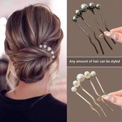 Metalen U-vormige haarstok voor vrouwen meisjes eenvoudige parel haarclip spelden knotmaker kapsel tools haaraccessoires