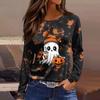 Women's Fashion Long Sleeve Top with Halloween Print and Side Slits, Round Neck