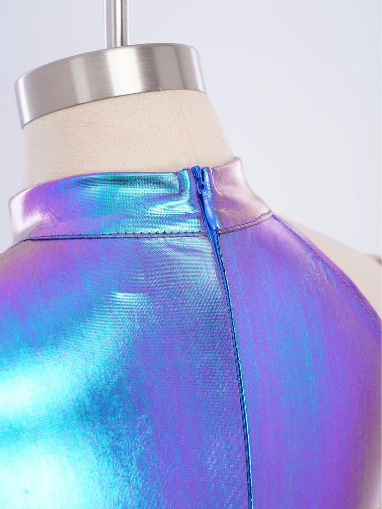 Girls Stage Performance Jumpsuit: Asymmetrical Metallic Mock Neck Mesh Patchwork Back Invisible Zipper Bodysuit Dancewear