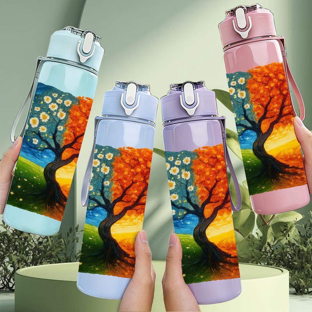 1PC Autumn Tree Split Color Watercolor 750ml Color Plastic Sports Water Bottle Leakproof Flip Straw Lid Suitable for Sports Office Home Use