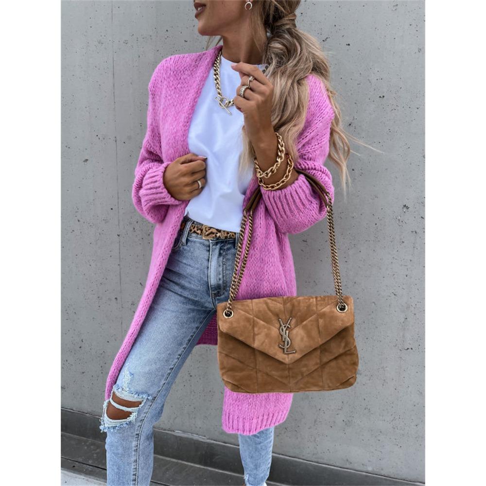 Neuer einfarbiger mittellanger Strick-Cardigan-Pullover für Damen im Herbst und Winter