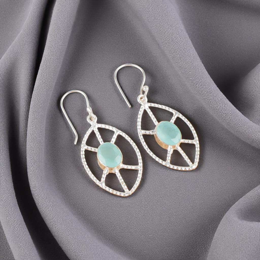 Aqua Chalcedony Gemstone 925 Sterling Silver Jewelry Handcrafted Earrings 2.00" EE-48-14