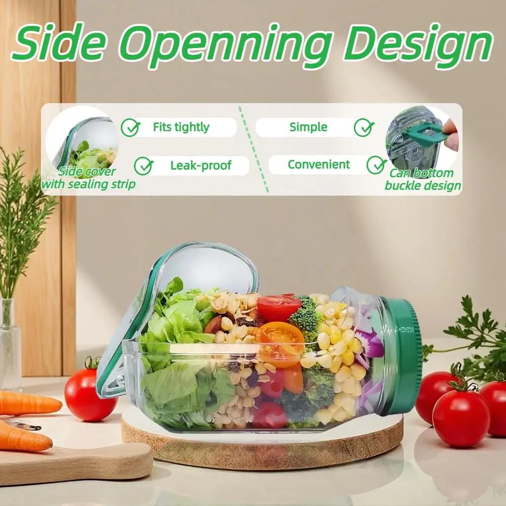 Portable Salad Container with A Side-opening Leakproof Mason Jar Style Salad Box Wet/Dry Separation Breakfast Fruit Storage Box