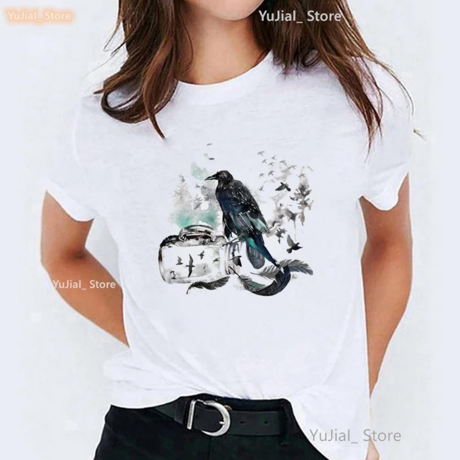 

Vintage Watercolor Bird Feathers Print T Shirt Women Funny Aesthetic Clothes Summer Fashion Tops Tee Shirt Femme Streetwear XXXXXL білий