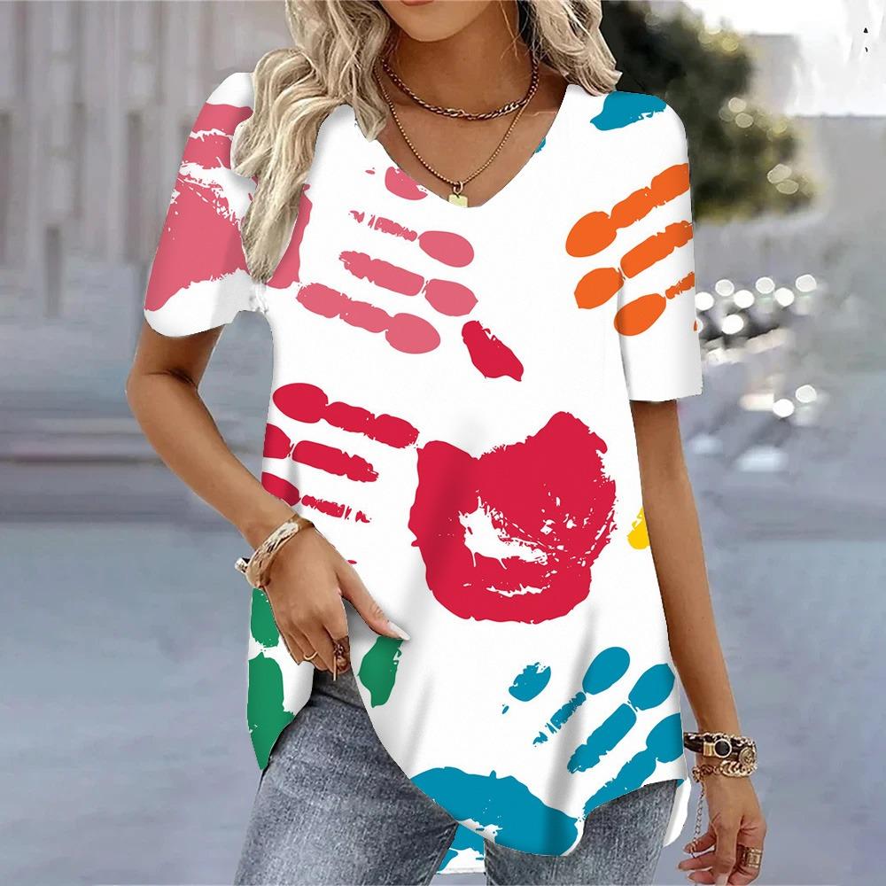 Damen T-Shirts mit 3D-Böhmen-Aufdruck und V-Ausschnitt, kurzärmelig, modisch, Hawaii-Stil, Bluse, Tops, Tees, Sommerkleidung, heißer Verkauf