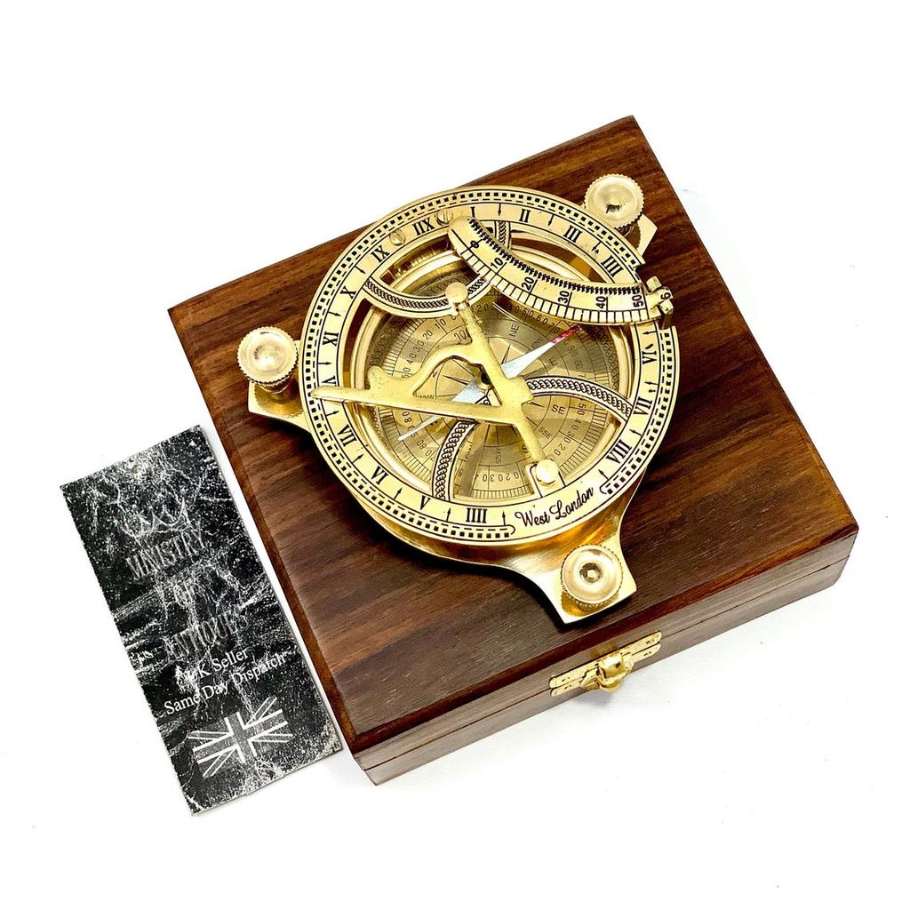 Sundial Compass 4.5" Big Vintage Nautical Marine Compasses Steampunk Retro Old Design Beautiful Solid Brass Sundial Compass With Wooden Box