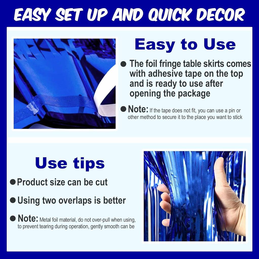 3 Pack 29 x108 Inch Blue Foil Fringe Table Skirts Metallic Banner for Tel Streamer Garland Backdrop for Parade Floats Mother's Day, Graduate,
