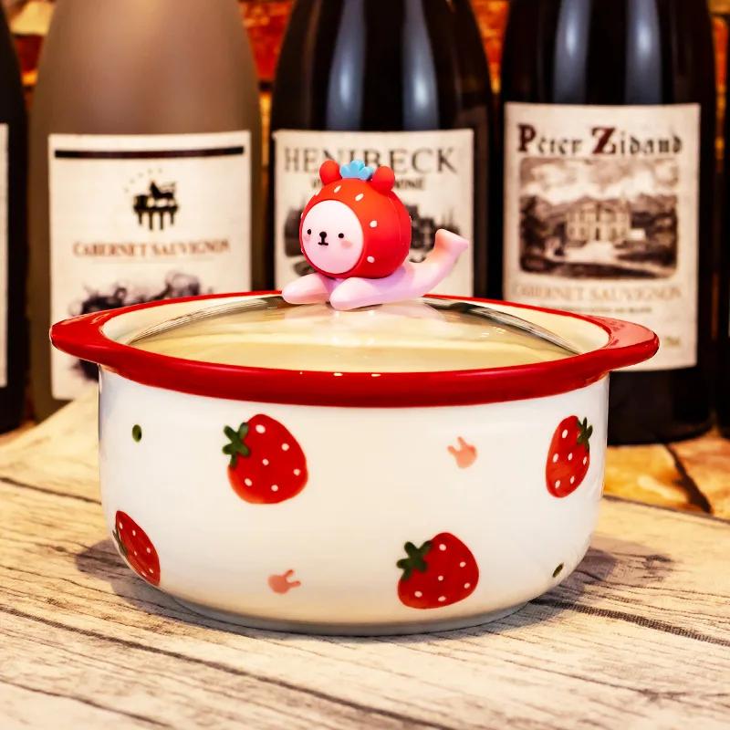 

Кавайная керамическая миска для рамэна с клубникой, персиком и крышкой, милая кухонная большая лапша быстрого приготовления, фруктовый салат, рисовый суп, миска, посуда Single bowl земляничный