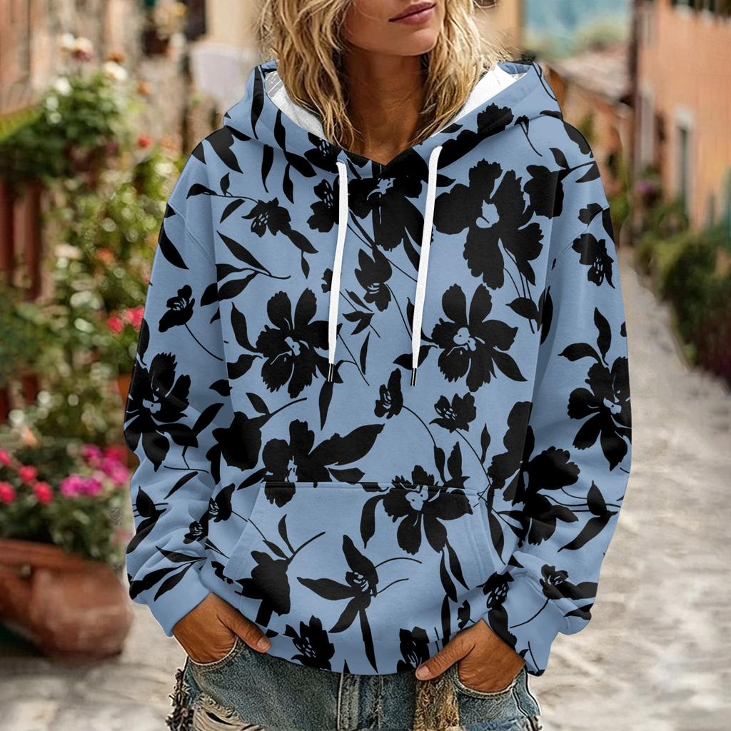 Women's Floral Print Long Sleeve Hoodie with Pocket and Casual Pullover Sweatshirt