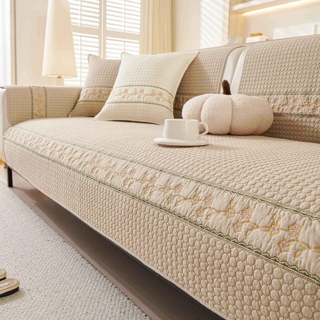 Purified Cotton Solid Color Sofa Cushion Anti-Slip with Exquisite Embroidery Durable Seat Cover Floral Decor Sofa Slipcover