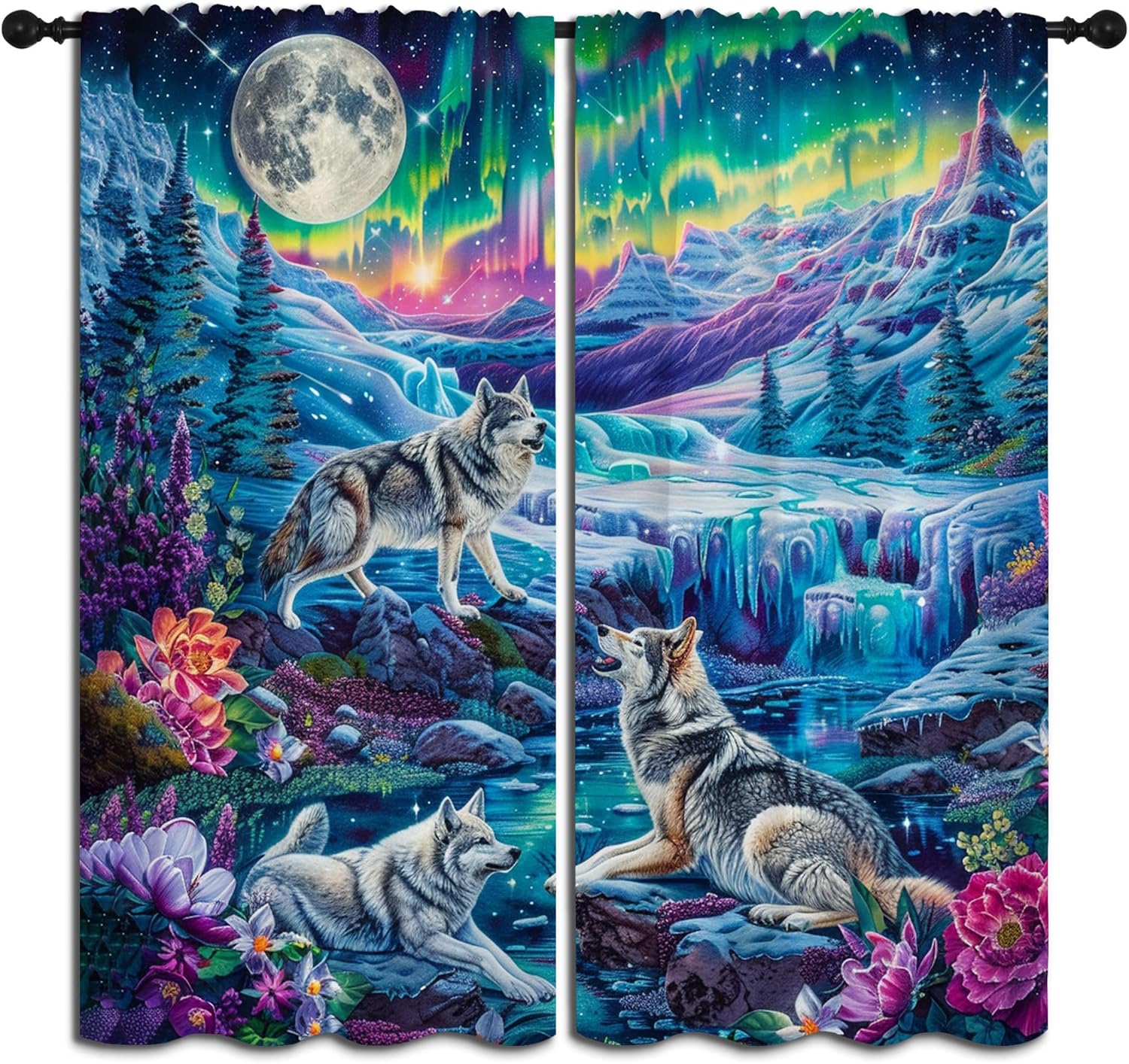 Wolf Blackout Curta For Boys Girl Bedroom Decor,Cute Wolf Family Foraging Snow Forest Animal Thermal Insulated Rod Pocket 53x116CM-2PC