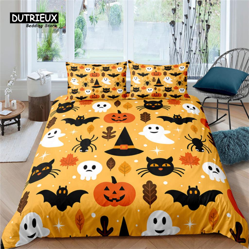 Halloween Bettwäsche Set Cartoon Kürbis Bettbezug Set Mikrofaser Hirsch Geometrischer Druck Bettdeckenbezug mit Kissenbezug Raumdeko