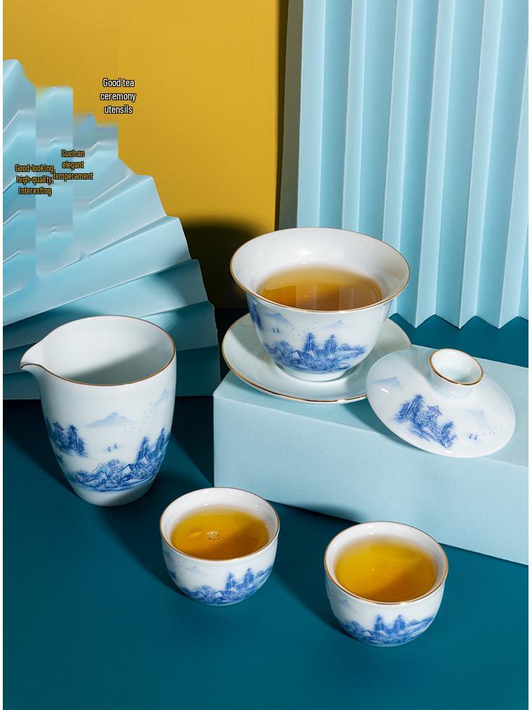 Celadon White Porcelain Tea Set with Gold Landscape: Complete Chinese Gaiwan Teapot and Teacup Set for Kung Fu Tea.