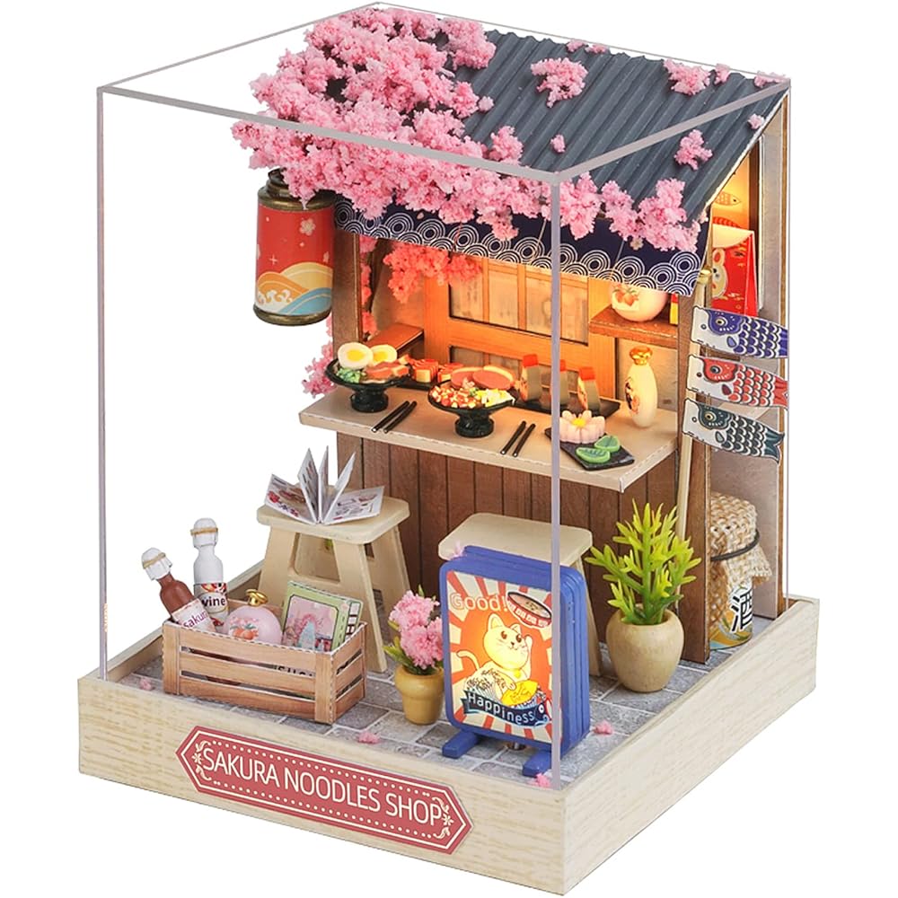 

Cuteroom DIY Miniature Dollhouse Kit Sushi Restaurant 3D Puzzle Wooden Toy with LED Light for Beginners