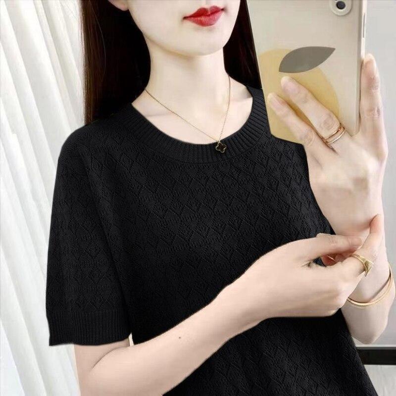 

Летняя рубашка из ледяного шелка, женская весенняя повседневная свободная блузка с коротким рукавом, ажурный топ, верхняя одежда Blusas, элегантная 26761 One Size чёрный