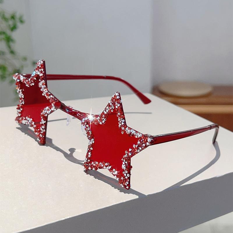 

KAMMPT Rimless Star Shaped Sunglasses with Rhinestones Women Fashion Candy Color Vacation Shades Trendy Stylish Rave Sun Glasses as picture shows красный