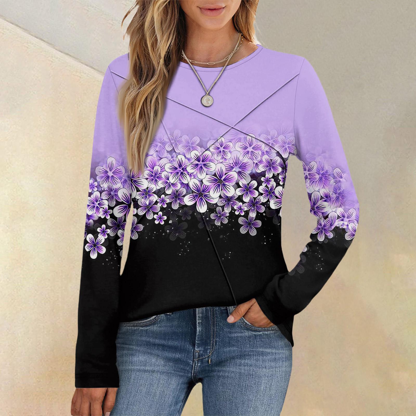 

Модная женская блузка с длинным рукавом, круглым вырезом, повседневная, плиссированная, с цветочным принтом, свободного кроя M фиолетовый