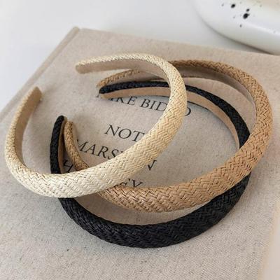 PROLY Neues Mode-Haarband für Damen Schmaler Seiten-Stirnband Einfarbig Handgefertigt Strohflechterei Turban Lässige Sommer-Kopfbedeckung