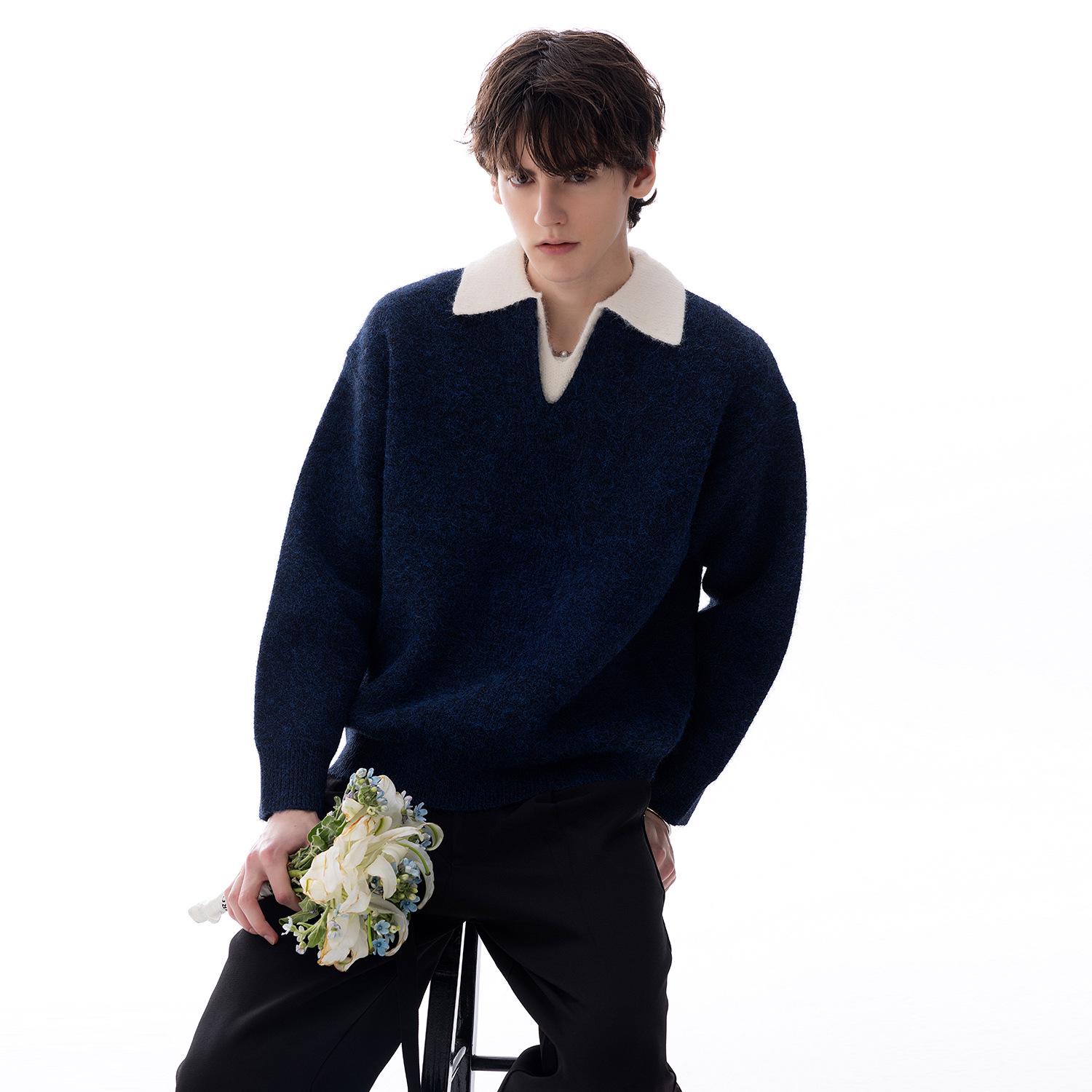 Men s British Style Lapel Two-Piece Look Sweater, 2025 Autumn/Winter Knitwear Trend 3XL синий