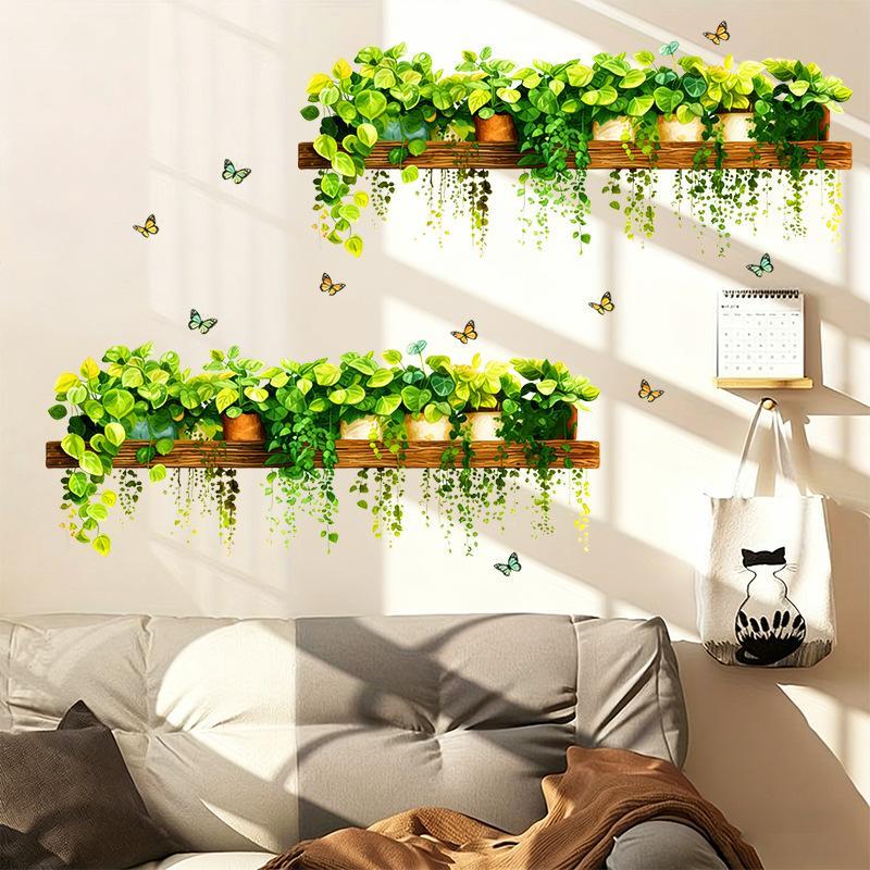 Vivid Leaves Hanging Wall Decals Cute Butterfly Green Plant Art Stickers for Dining Room Home Wall Aesthetic Decor