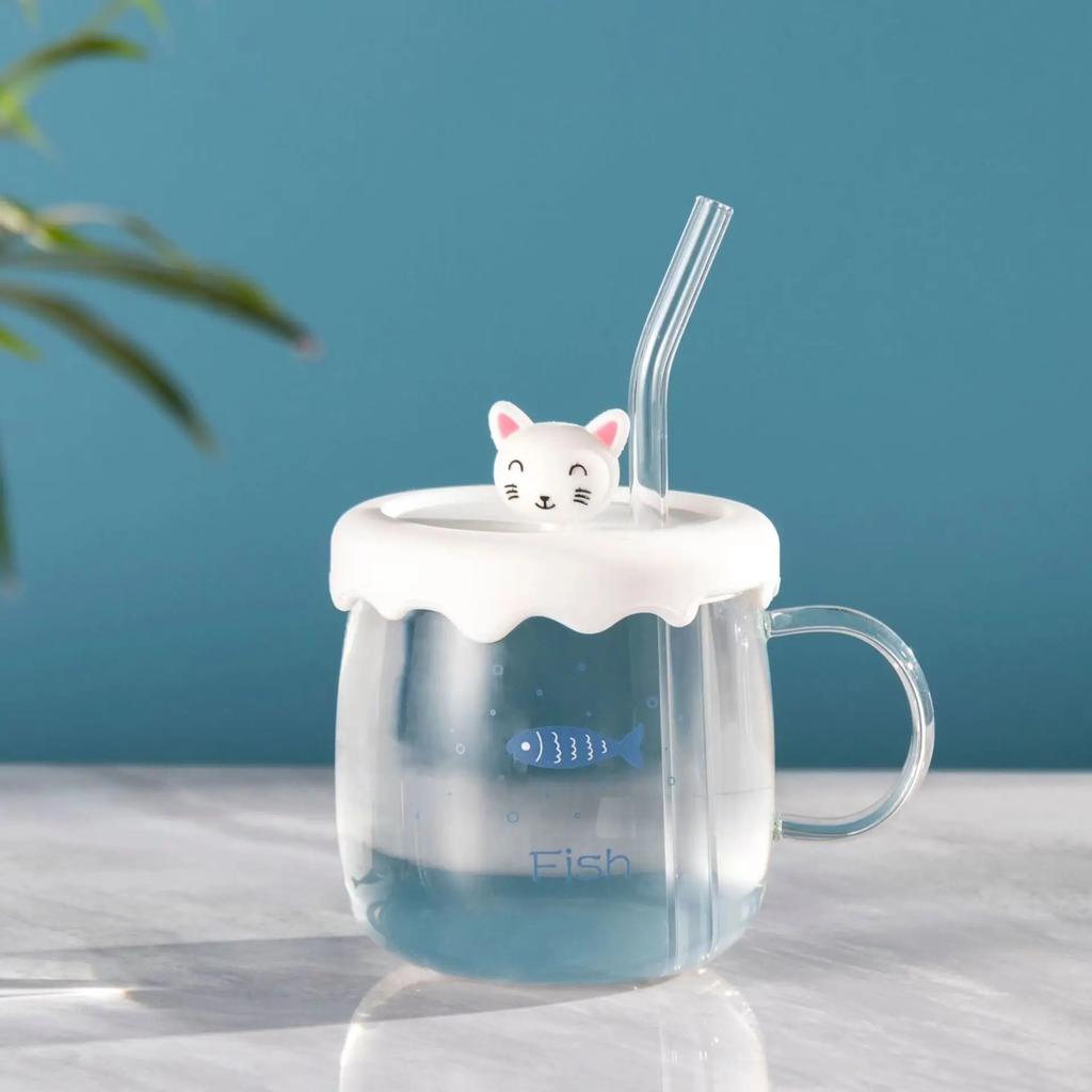 Kawaii Cups Cute Panda Glass Cup With Straw Cap Spoon Coffee Breakfast Cup Beer Mug Cups and Mugs Free Shipping Drinking Glasses
