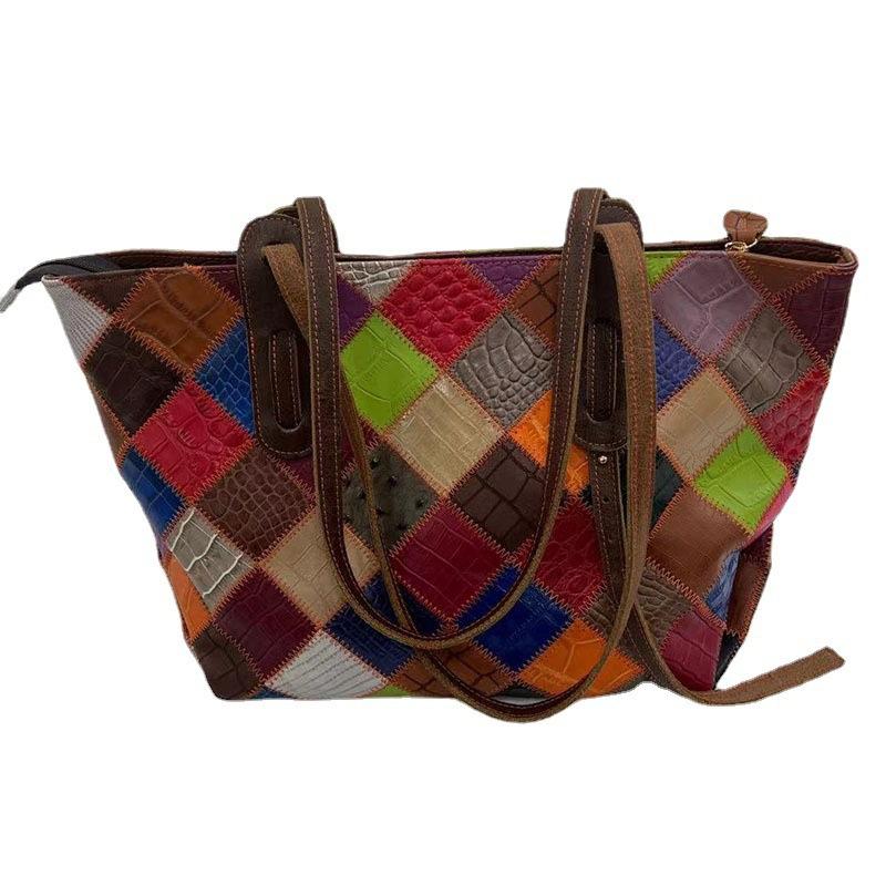 Bag Sheepskin Rhombus Color Matching Shoulder Bag Women'S Bag Shopping Bag Large Capacity Tote Bag