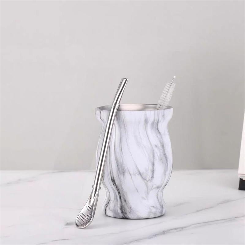 1 Set Yerba Mate Cup 304 Stainless Steel Double Wall 8oz Yerba Mate Gourd Cup With Straw Spoon And Cleaning Brush Teaware Sets