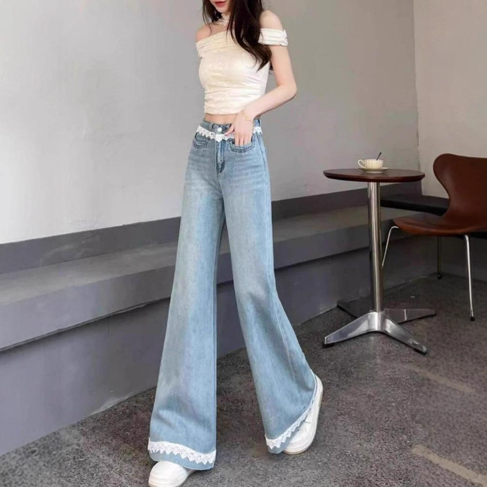 Shallow Lace Floral Lace Jeans Women Spring Large Size Apparently Skinny High Waisted Loose Micro Flared Trousers Jeans for Women Long Denim Pants