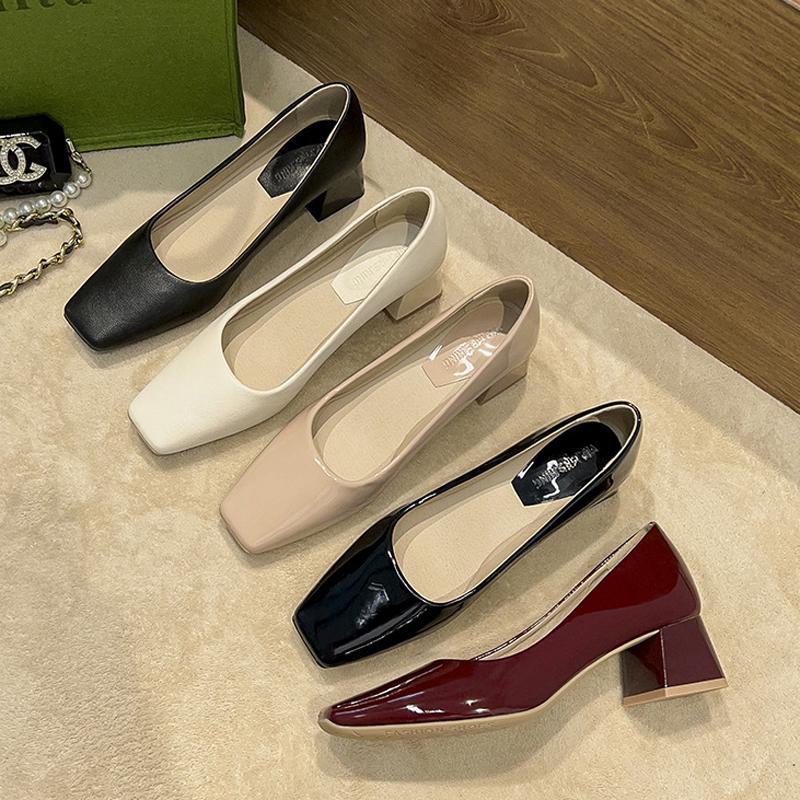 Fashion Solid Japanned Leather Pumps Woman Block High Heels Shoes OL Ladies Dress Work Escarpins Femmes Designer Luxury Tacones Mujer