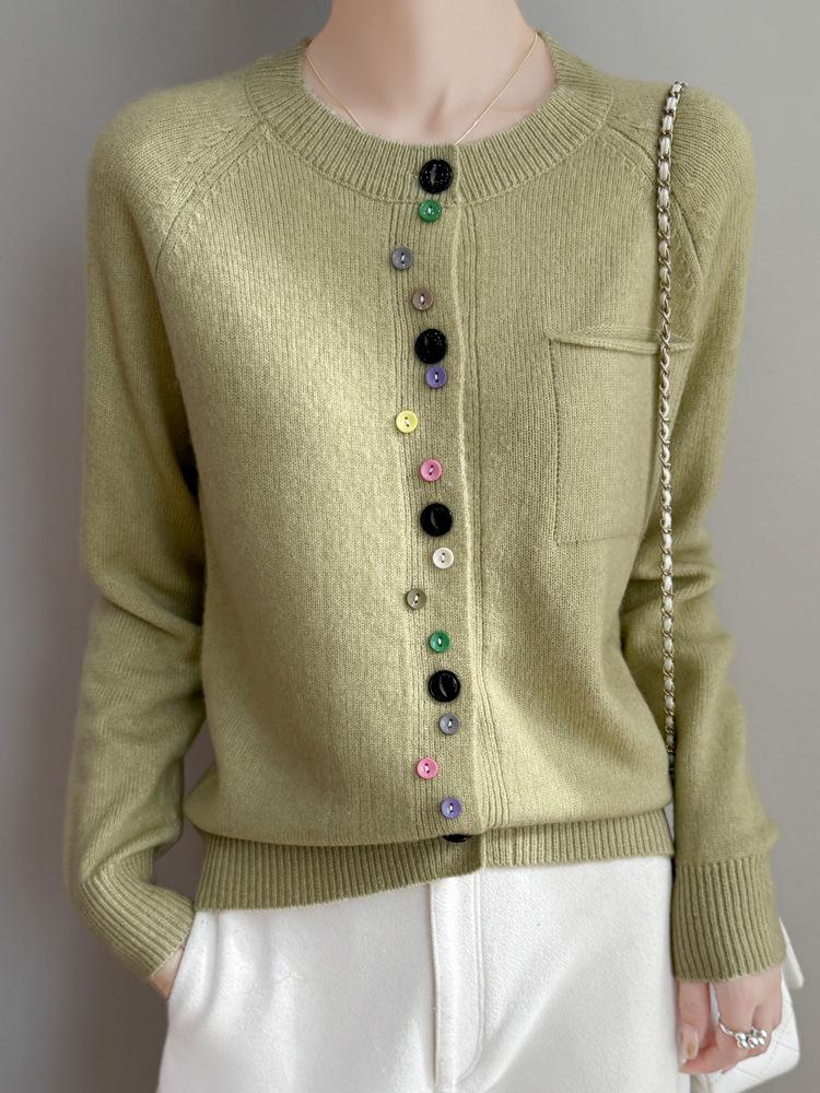 Colorful Button Cardigan: Spring Fashion, Versatile Round Neck, Long Sleeve Knit for Women