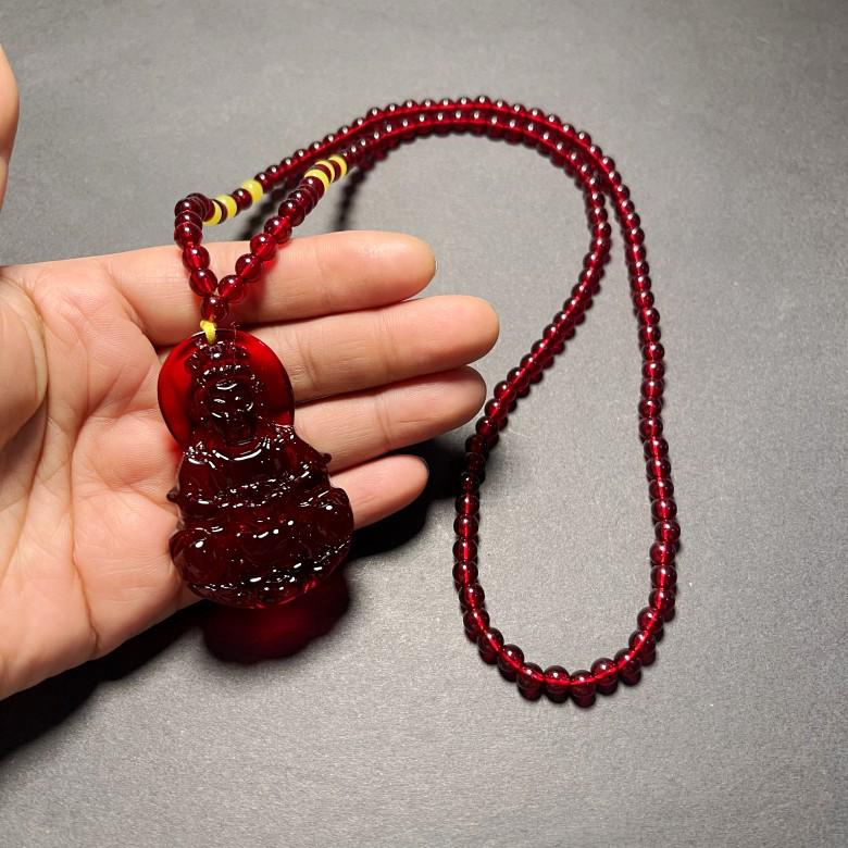 Unisex Amber Pendant Necklace: Guanyin Maitreya Buddha Ethnic Style Sweater Chain with Water Drop and Lucky Bag Design