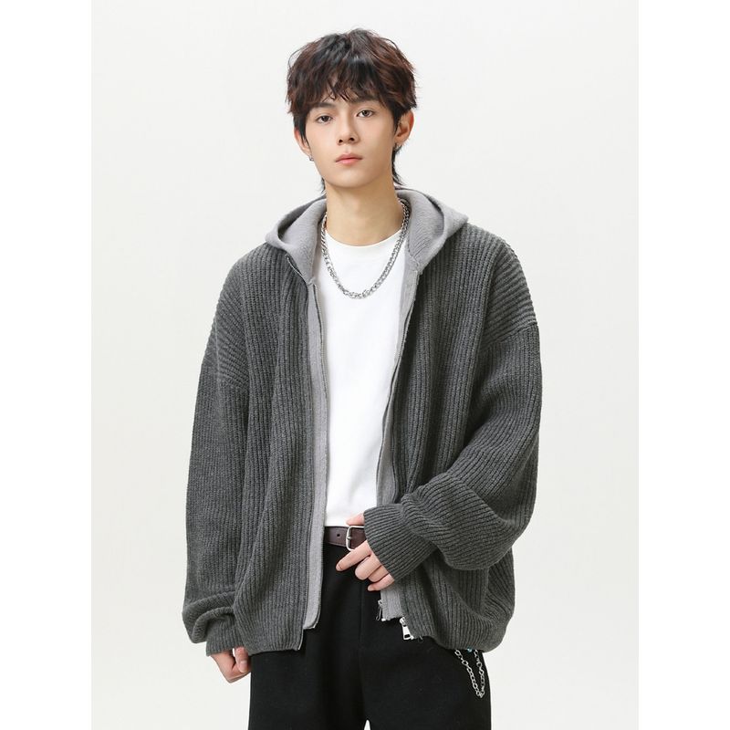 Wassup Fake Two-Piece Cardigan Hooded Sweater Chinese Trendy Brand Autumn and Winter Loose Retro Knit Sweater Zipper Jacket for Men