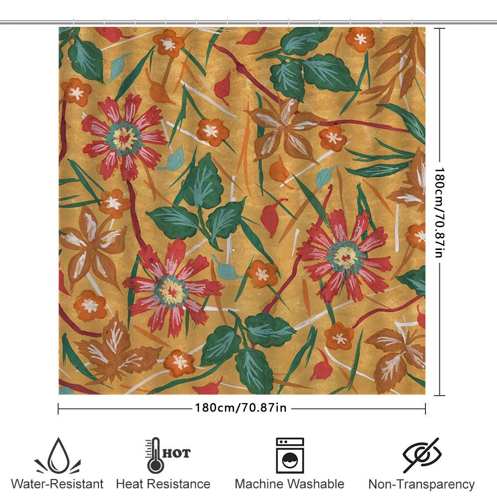 Floral Print Shower Curtain Bathroom Decor, Waterproof Fabric For Home Use, Water Absorbent, Flower Patterns In Green, Pink Yell