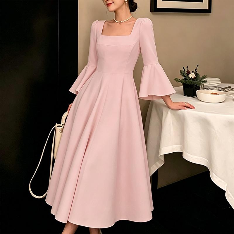 ZANZEA Women Elegant Square Collar Flare 3/4 Sleeve Casual Long Dress M розовый