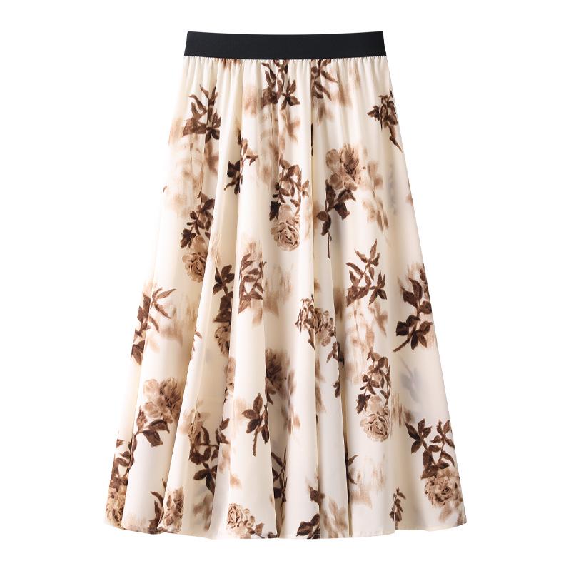 

Women s Floral Print Pleated French Chiffon Midi Skirt - Spring/Summer 2025 High-Waist A-Line Design L сірий колір