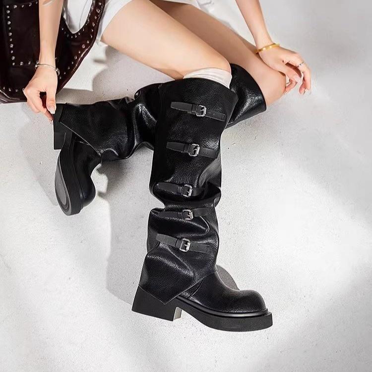 Wasteland wind belt buckle thick-soled boots women s autumn new small thick heel sleeve western women s boots 35
