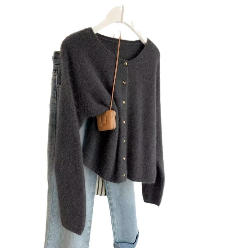 Dark gray raccoon velvet soft waxy sweater jacket women's autumn and winter new wear loose knitted sweater