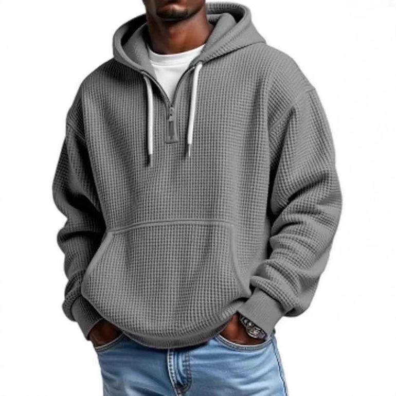 European Heavyweight Waffle Long Sleeve Hooded Sweatshirt - Men's Loose Fit, Pure Color, Casual Style