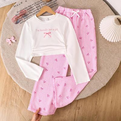 Autumn Girls' Set: Slogan Bowknot Top & Striped Long Pants