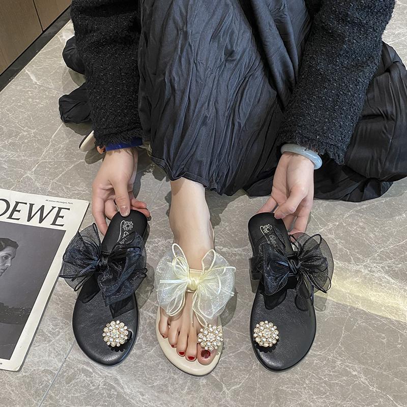 2025 New Fashionable Fairy Style Pearl Bowknot Sandals Women's Outdoor Beige Slip-On Slippers Korean Version Rubber Sole Shoes