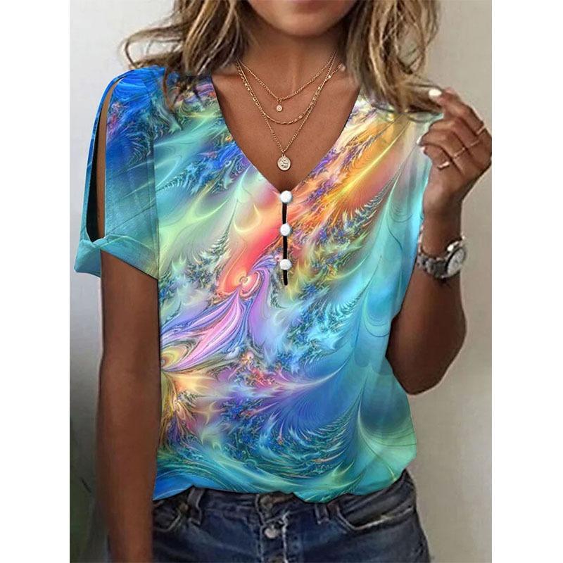 Women's Summer V Neck Buttons Tie Dye Printed Short Sleeve T-shirt Ladies Top