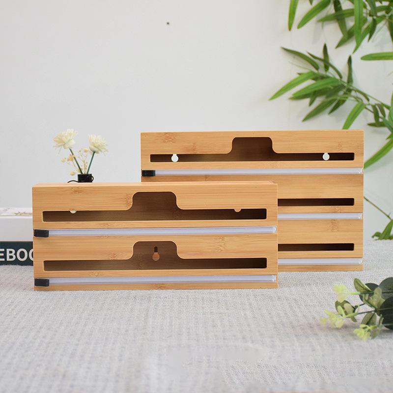 Bamboo Wood Wall-Mounted Kitchen Storage Rack and Foil Cutter