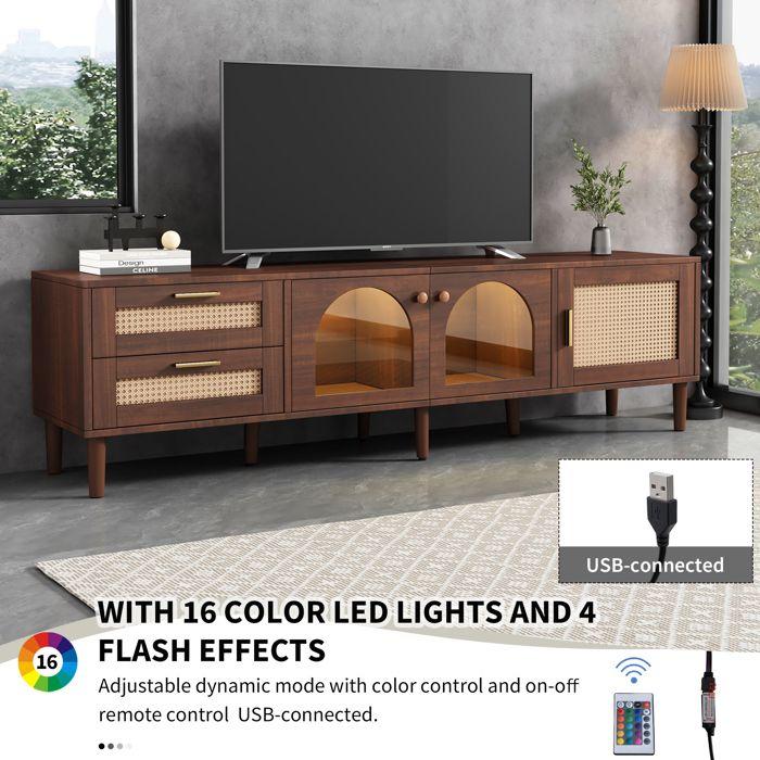 Meuble TV 180cm avec éclairage LED - 2 tiroirs en rotin et 3 portes - Marron