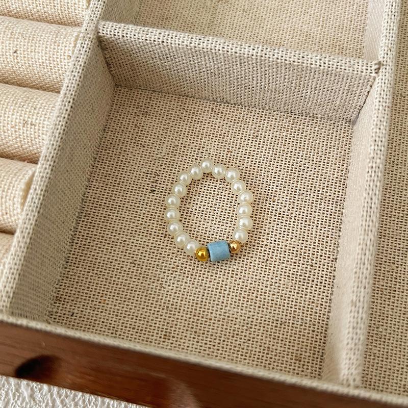Pearl Beaded Ring Women's Elastic Rope Literary Stacking Index Finger Ring High-end Handmade Ring Jewelry