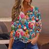 Women's Fashionable Casual Christmas Printed V-neck Three-quarter Sleeve Decorated Button Top