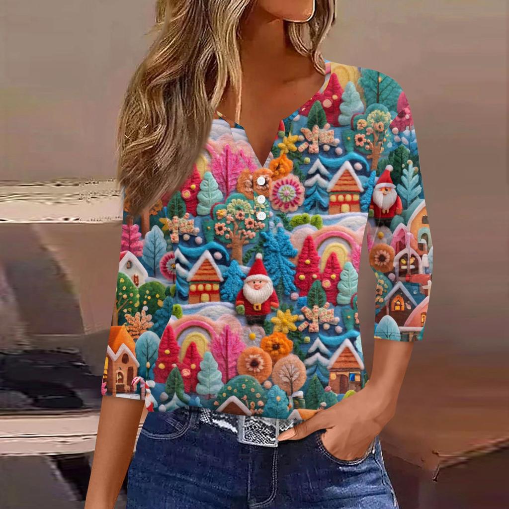 Women's Fashionable Casual Christmas Printed V-neck Three-quarter Sleeve Decorated Button Top