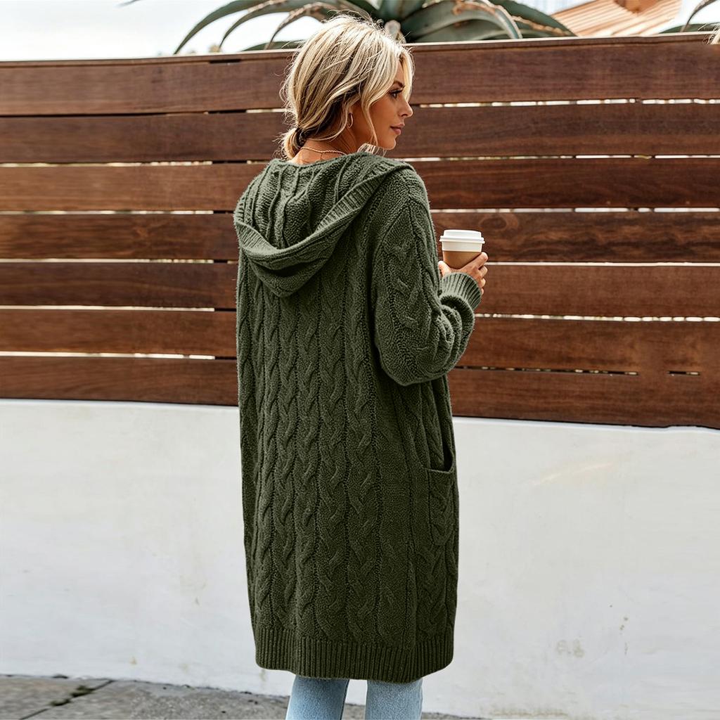 Women's Long Knit Cardigan with Hood - Long Sleeve Sweater Coat with Pockets