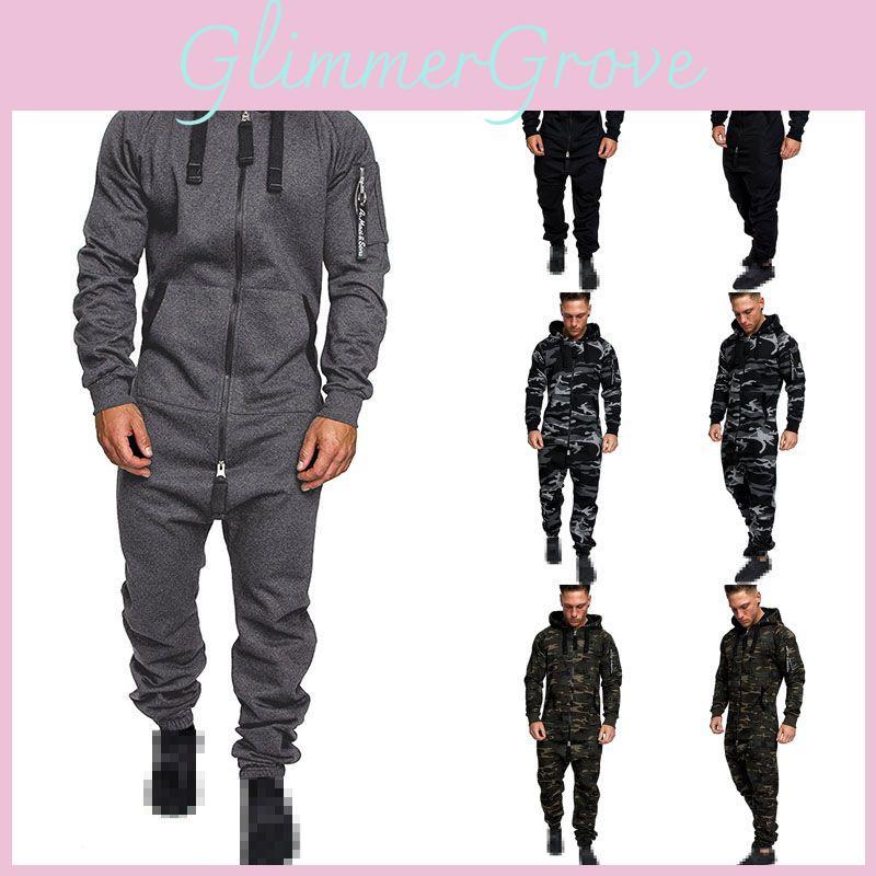 Herren Camouflage Jumpsuit mit Kapuze und Reißverschluss Perfekt für den täglichen Gebrauch