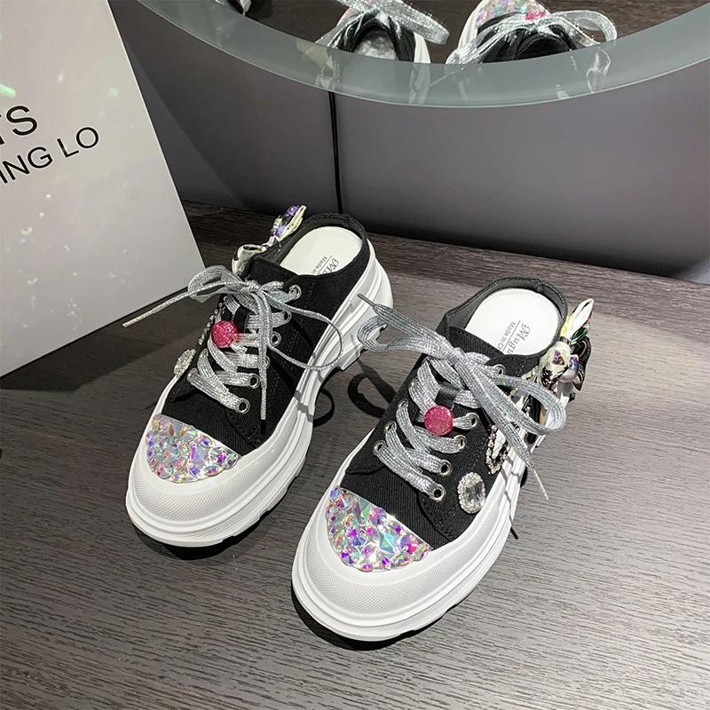 Fashion 2025 New Thick-soled Rhinestone Luxury Half Slippers Autumn Ladies Casual Breathable Sneakers Bow Knot Lovely Lolita Women Shoes